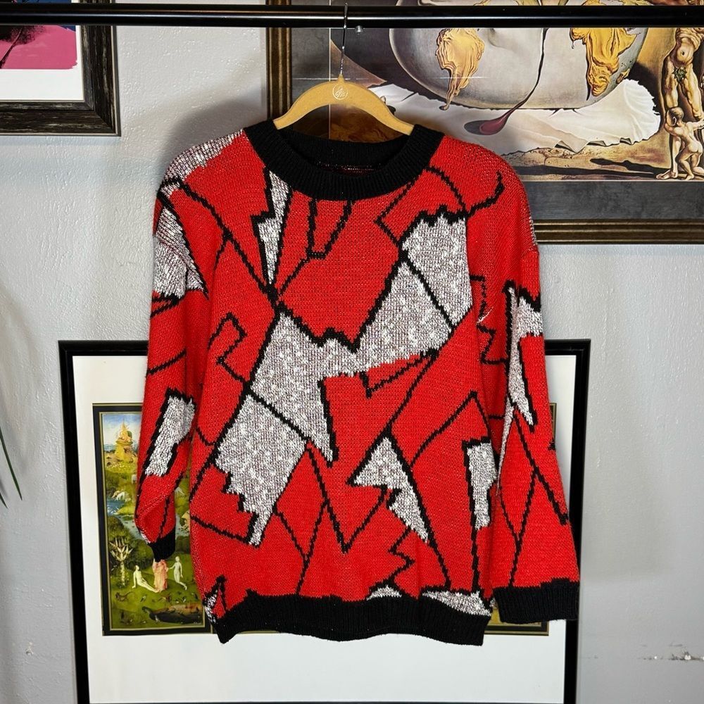 Vintage Abstract Patterned Red and Black Sweater